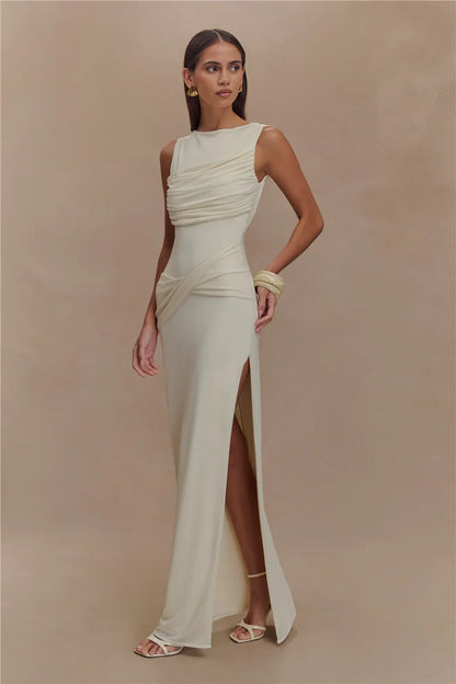 Women’s Backless Ruched Maxi Dress – Elegant Sleeveless High Split Summer Evening Gown