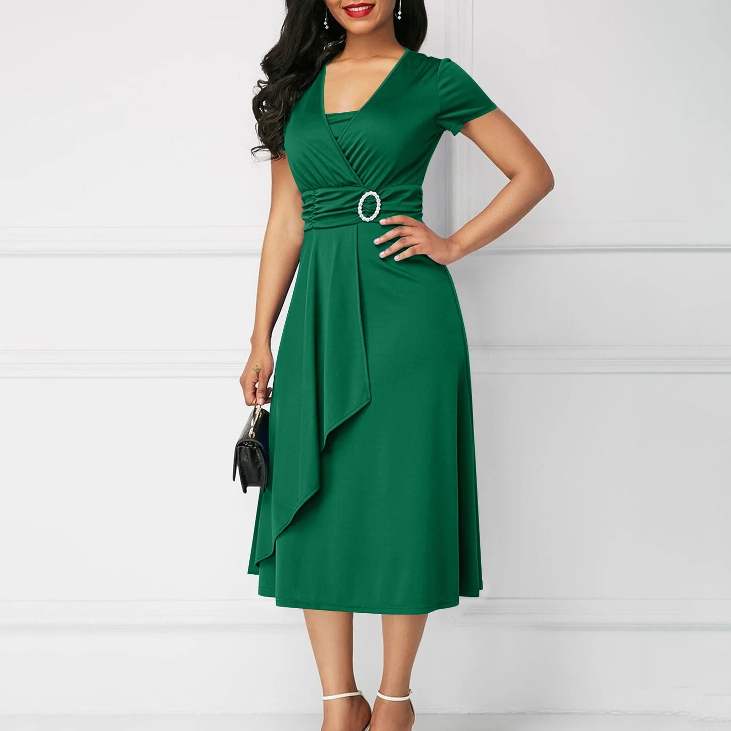 Women Square Neck Ruched Short Sleeve Ruffles Side High Waist Belt Irregular Dress Summer Elegant Sexy Evening Elegant Dresses