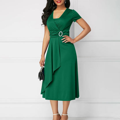Women Square Neck Ruched Short Sleeve Ruffles Side High Waist Belt Irregular Dress Summer Elegant Sexy Evening Elegant Dresses