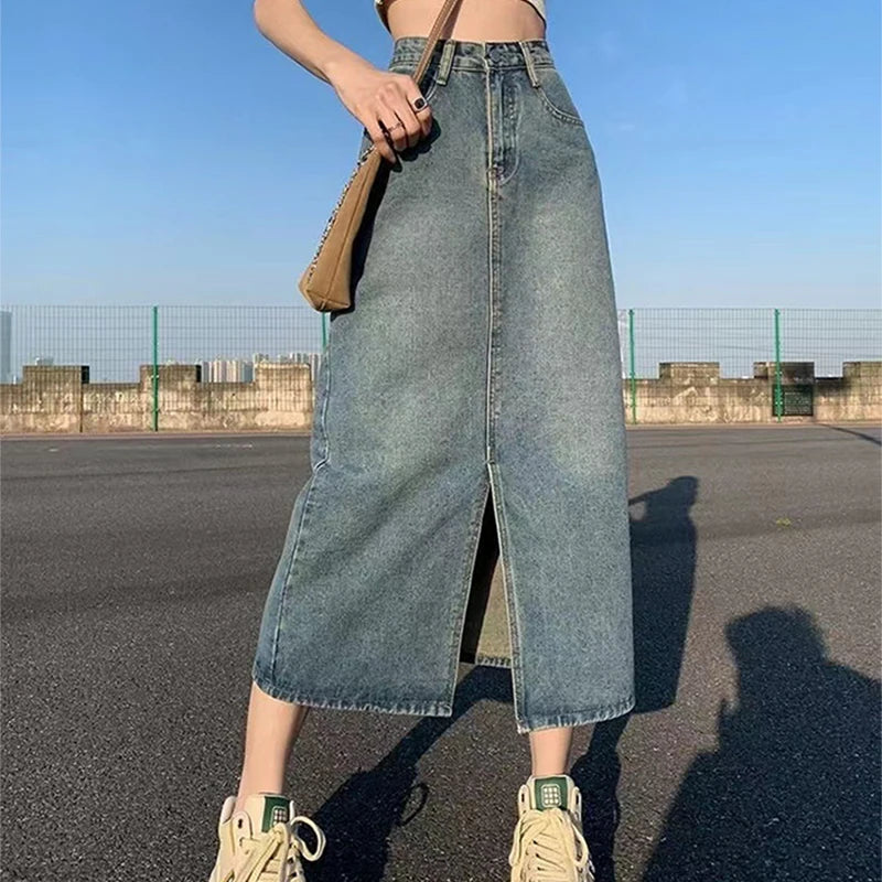Women’s High-Waist Slit Denim Skirt Bottom – Washed Retro A-Line Straight Long Skirt