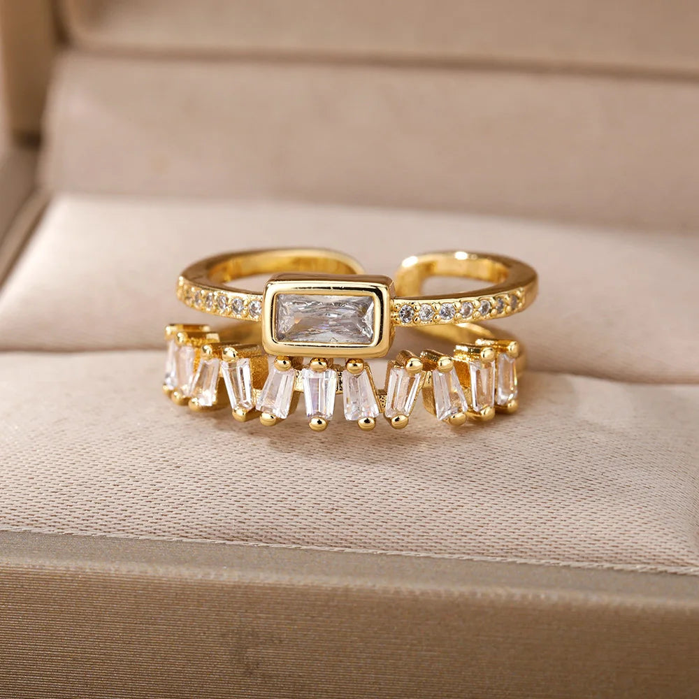 Women’s Jewelry Green Zircon Open Ring | Classic | Double Layer | Gold Plated