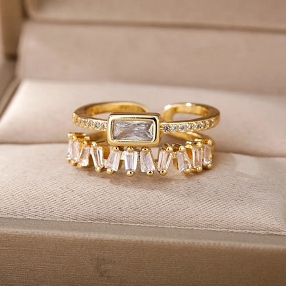 Women’s Jewelry Green Zircon Open Ring | Classic | Double Layer | Gold Plated