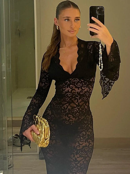 Women’s Mesh Floral Print Maxi Dress – V-Neck See-Through Long Sleeve Beach & Vacation Outfit