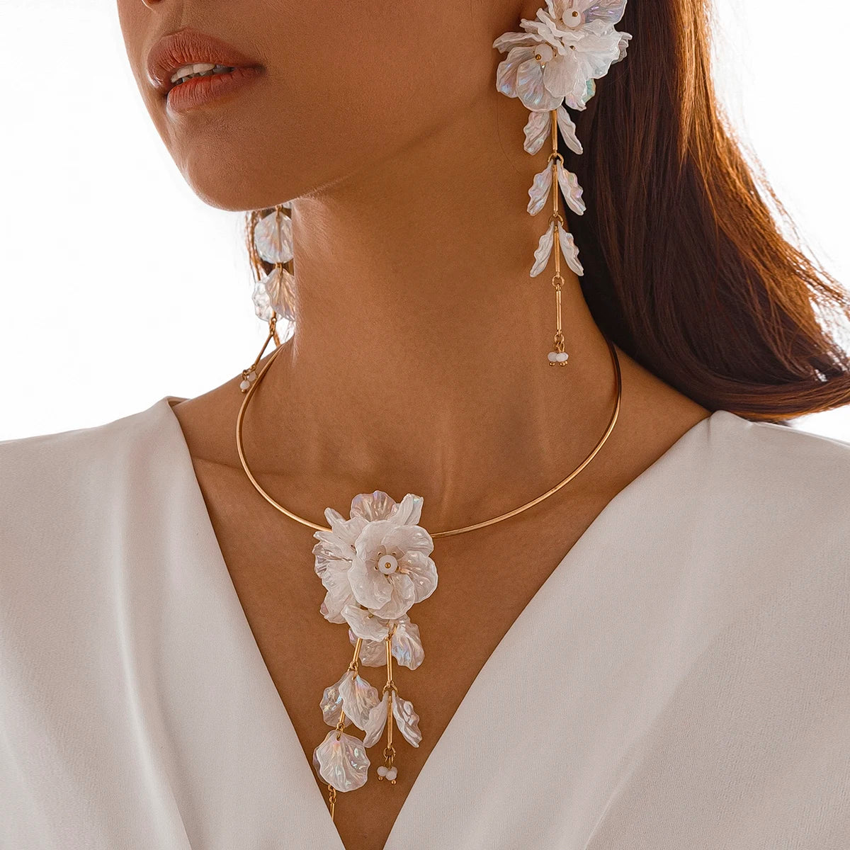 Women’s Jewelry Torque Chain Jewelry Set | Bridal | Elegant | White Flower