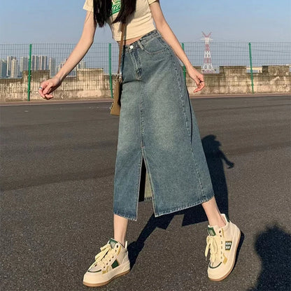 Women’s High-Waist Slit Denim Skirt Bottom – Washed Retro A-Line Straight Long Skirt