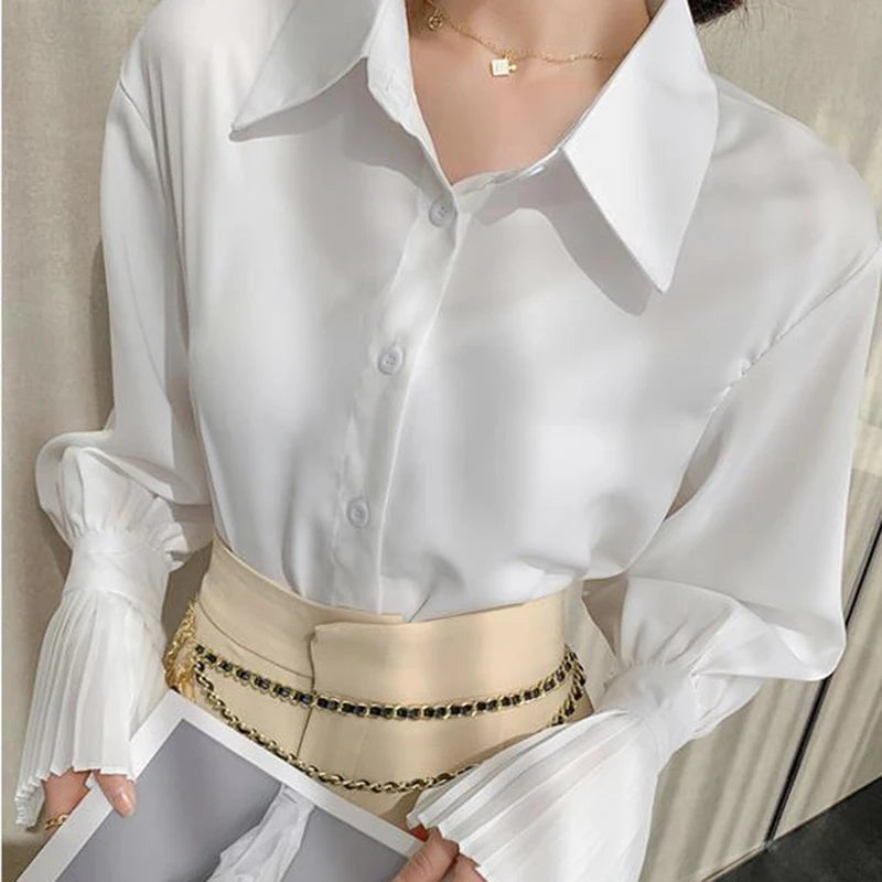 Women’s Flare Sleeve Button-Up Shirt Top – Elegant Office Blouse Fall Fashion