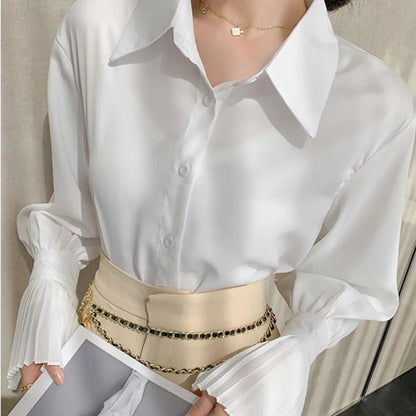 Women’s Flare Sleeve Button-Up Shirt Top – Elegant Office Blouse Fall Fashion