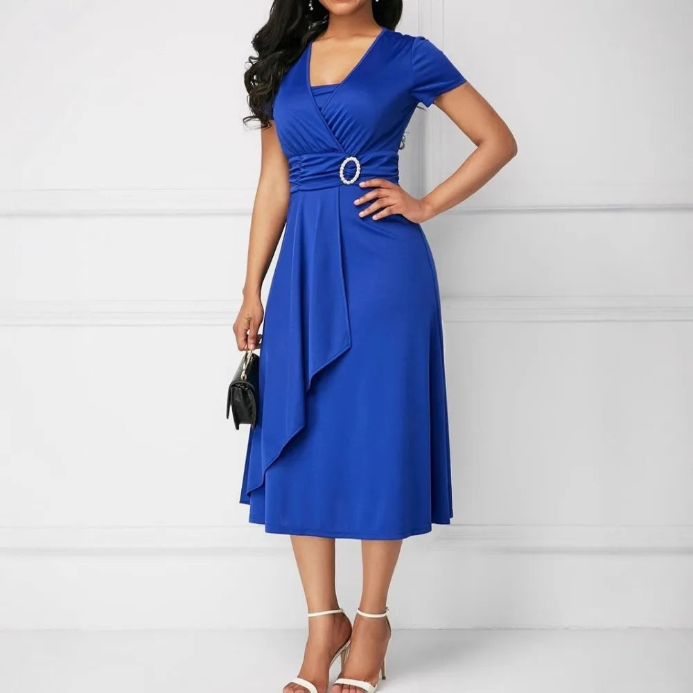 Women Square Neck Ruched Short Sleeve Ruffles Side High Waist Belt Irregular Dress Summer Elegant Sexy Evening Elegant Dresses