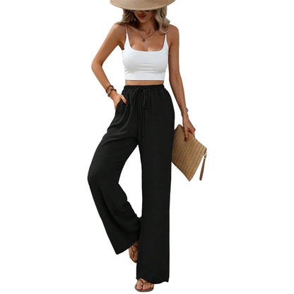 Women’s High-Waist Wide-Leg Pants – Elastic Waist Straight Trousers with Tie Front & Pockets