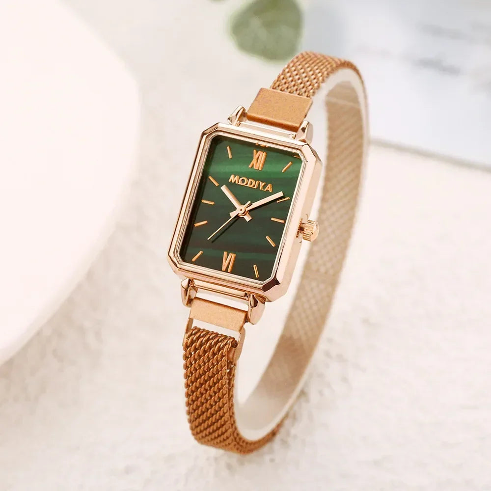 Women’s Square Green Dial Watch – Rose Gold Magnetic Mesh Strap Luxury Wristwatch