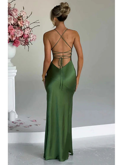 Women’s Satin Spaghetti Strap Dress – Elegant Backless Lace-Up Split Hem Long Party Maxi Dress