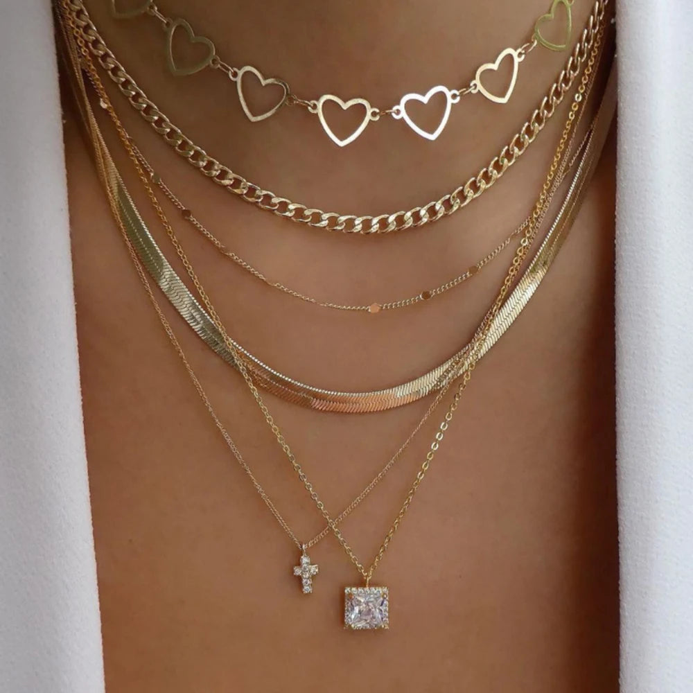 Women’s Jewelry Boho Layered Crystal Pendant Necklace | Vintage | Gold Tone | Trendy