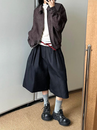 Women’s Solid Black Wide Bermuda Bottom – High Waist Pleated Streetwear Bloomers Casual Unisex Style