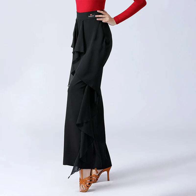 Women’s High-Waist Ruffle Dance Pants – Latin, Tango & Samba Performance Wide-Leg Trousers
