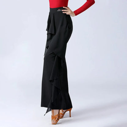Women’s High-Waist Ruffle Dance Pants – Latin, Tango & Samba Performance Wide-Leg Trousers