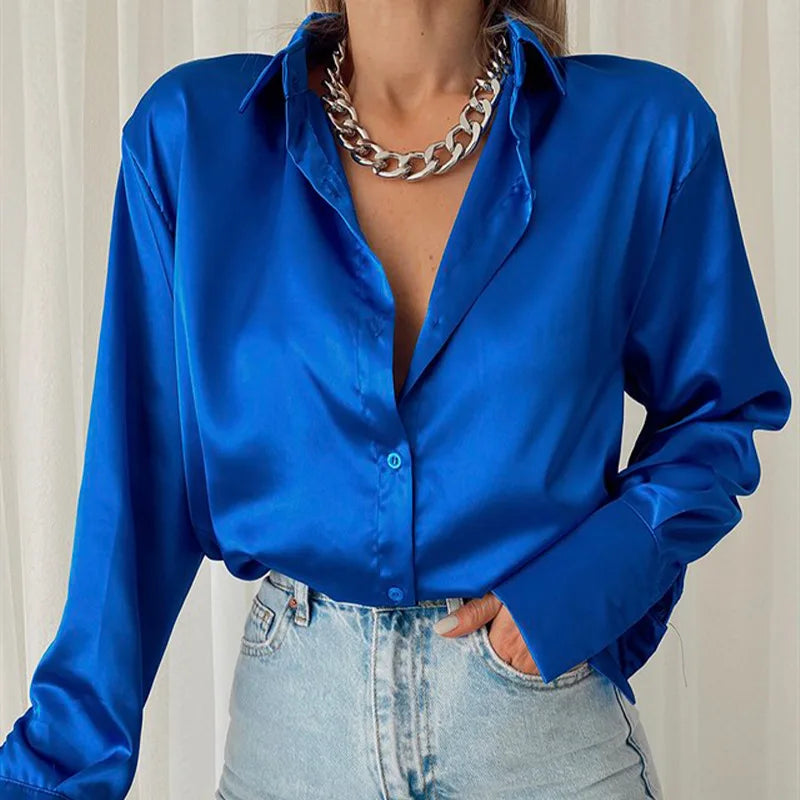 Women’s Vintage Polo Collar Shirt Top – Loose Button-Up Office Blouse in Blue, Green & Black for Autumn Fashion