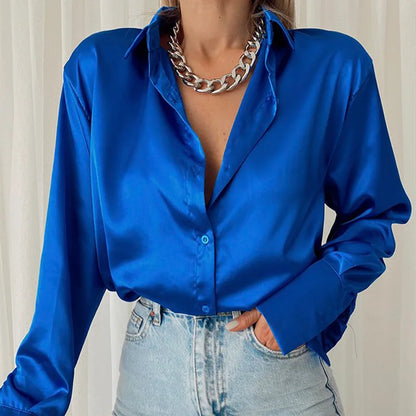 Women’s Vintage Polo Collar Shirt Top – Loose Button-Up Office Blouse in Blue, Green & Black for Autumn Fashion