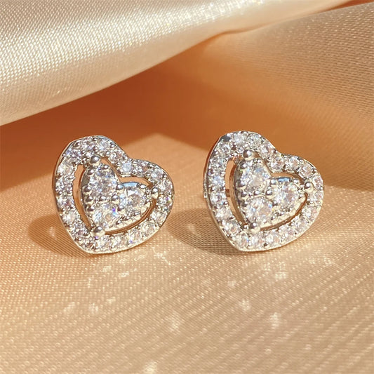 Women’s Loving Heart Zirconia Stud Earrings – Silver Crystal Jewelry