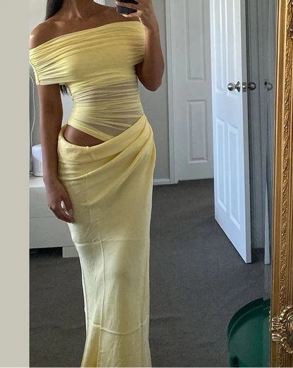 Women’s Ruched Irregular Mesh Patchwork Slash Neck Short Sleeve Elegant Maxi Dress