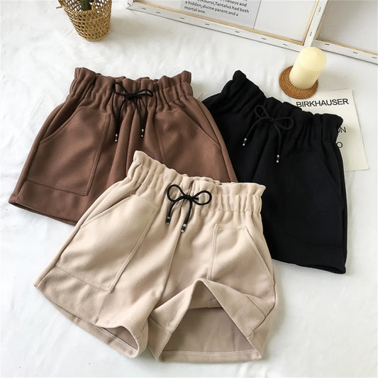 Women’s Woolen Shorts Bottom – High Waist Retro Elegant Solid Loose Fit Winter Streetwear