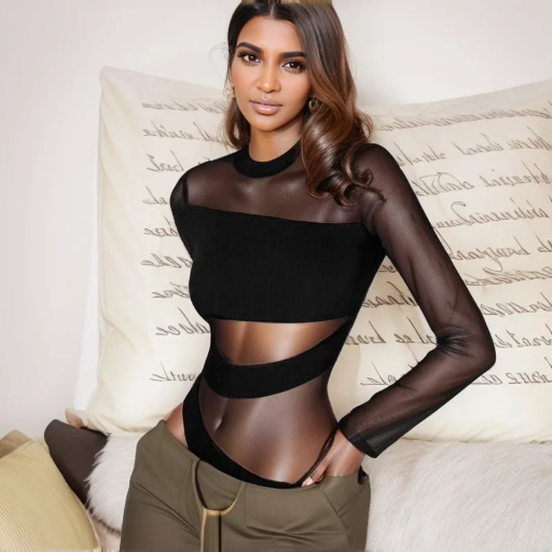 Women’s Cut Cross Bodysuit | Long Sleeve Hollow O-Neck Slim Top | Spring Summer Clubwear Sexy Black Top