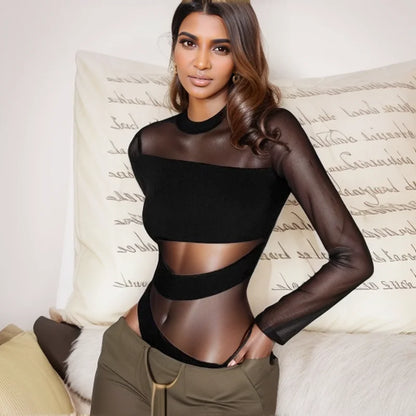 Women’s Cut Cross Bodysuit | Long Sleeve Hollow O-Neck Slim Top | Spring Summer Clubwear Sexy Black Top