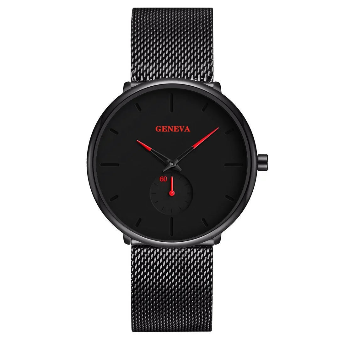 Men’s Ultra Thin Minimalist Watch – Leather & Stainless Steel Mesh Strap