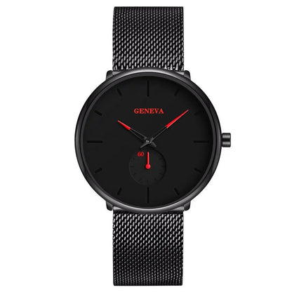 Men’s Ultra Thin Minimalist Watch – Leather & Stainless Steel Mesh Strap