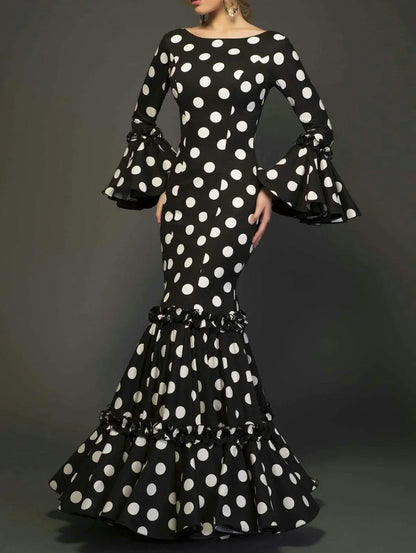 Women’s Polka Dot Long Dress – Elegant Vintage Trumpet Maxi Dress with Flare Sleeves