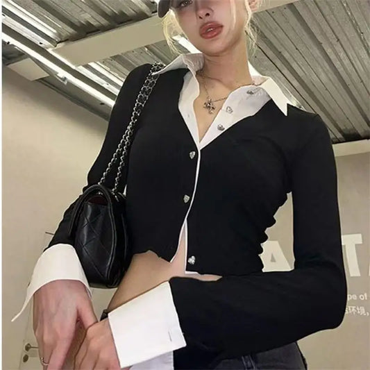Women’s Y2K Autumn Splicing Fake Two Piece Crop Top Shirt | Slim Fit Long Sleeve Cardigan Style Street Fashion Top