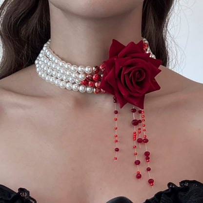 Women’s Jewelry Pearl Rose Choker Necklace | Goth | Red Crystal | Halloween