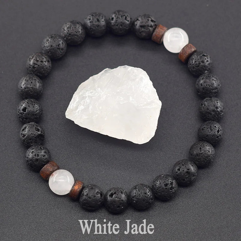 Men’s Tiger Eye & Lava Stone Bead Bracelet – Tibetan Buddha Elastic Wristband Jewelry