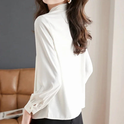 Women’s Elegant Bow Neck Chiffon Shirt Top | Long Sleeve Korean Office Blouse Y2K Workwear