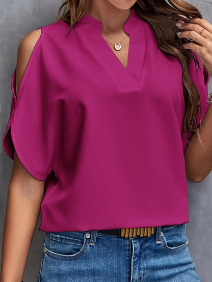 Women’s Elegant V-Neck Off-Shoulder Shirt – Solid Color Office Blouse Y2K Summer Top
