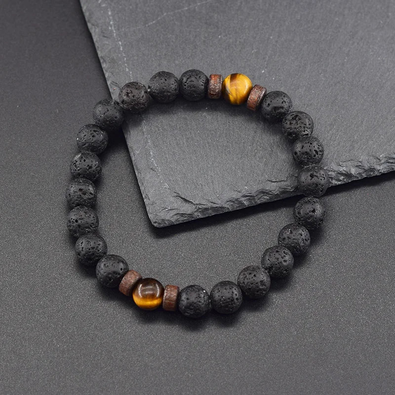 Men’s Tiger Eye & Lava Stone Bead Bracelet – Tibetan Buddha Elastic Wristband Jewelry