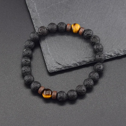 Men’s Tiger Eye & Lava Stone Bead Bracelet – Tibetan Buddha Elastic Wristband Jewelry