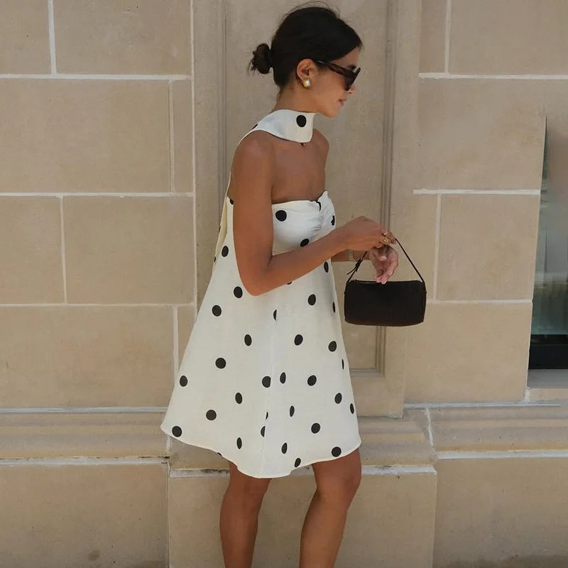 Women’s Polka Dot Mini Dress | One-Shoulder Backless Pleated Summer Luxury Dress | Elegant Sexy Party Wear