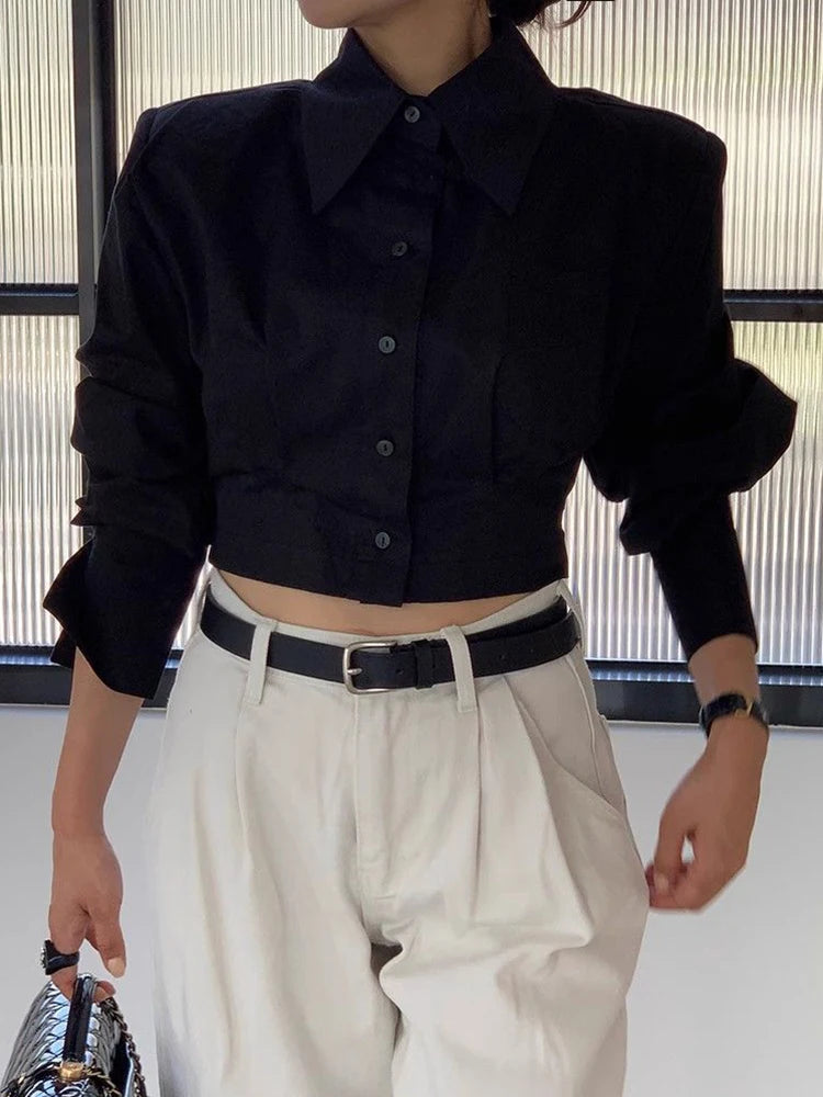 Women’s Korean Cropped White Shirt Top | Lace-Up Back Vintage Blouse | Elegant Hollow Out Long Sleeve Spring Top