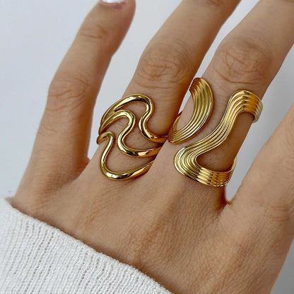 Women’s Irregular Wave Stainless Steel Ring – Adjustable Gold Color Statement Jewelry