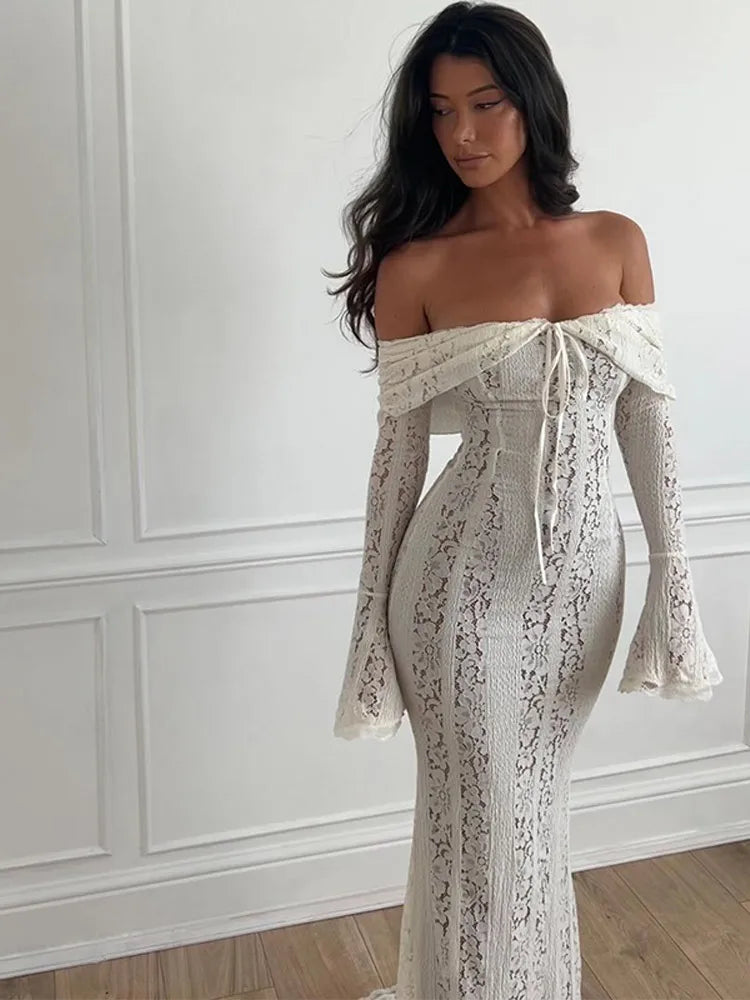 Women’s Lace Hollow Out Strapless Gown – Elegant Off Shoulder Backless Maxi Dress for Party & Evening Events