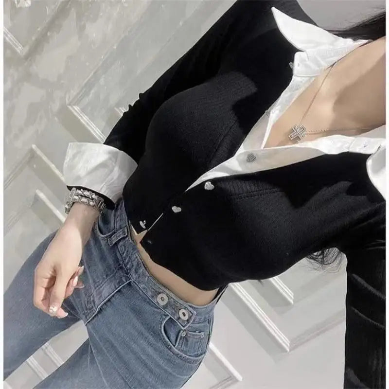 Women’s Y2K Autumn Splicing Fake Two Piece Crop Top Shirt | Slim Fit Long Sleeve Cardigan Style Street Fashion Top