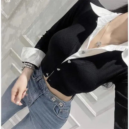 Women’s Y2K Autumn Splicing Fake Two Piece Crop Top Shirt | Slim Fit Long Sleeve Cardigan Style Street Fashion Top