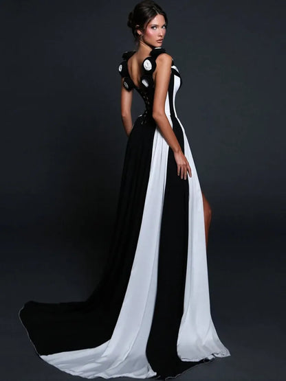 Women’s Black & White Striped V-Neck Maxi Dress – Bandage Evening Outfit