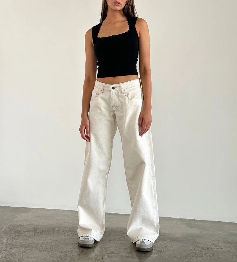 Women’s Jeans Bottom – Low Waist Straight Denim Pants with Pockets Casual Y2K Streetwear