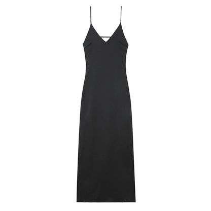 Women’s Yellow Satin V-Neck Maxi Dress – Elegant Sleeveless Loose Sling Party Dress