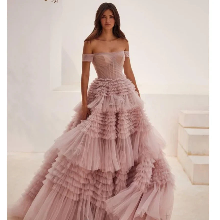 Women’s Off Shoulder Tulle Prom Dress – Elegant Maxi Multilayer Ball Gown with Train