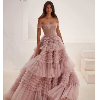 Women’s Off Shoulder Tulle Prom Dress – Elegant Maxi Multilayer Ball Gown with Train