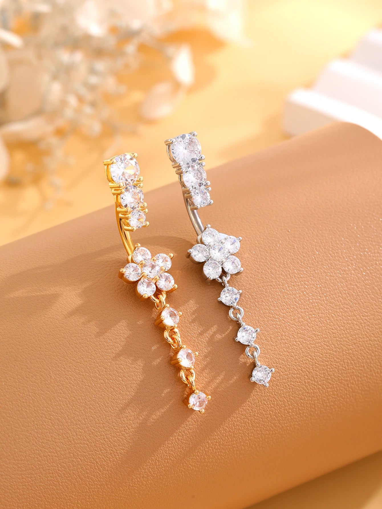 Women’s Gold Stainless Steel Belly Button – Long Dangle Flower CZ Crystal Navel Piercing Jewelry
