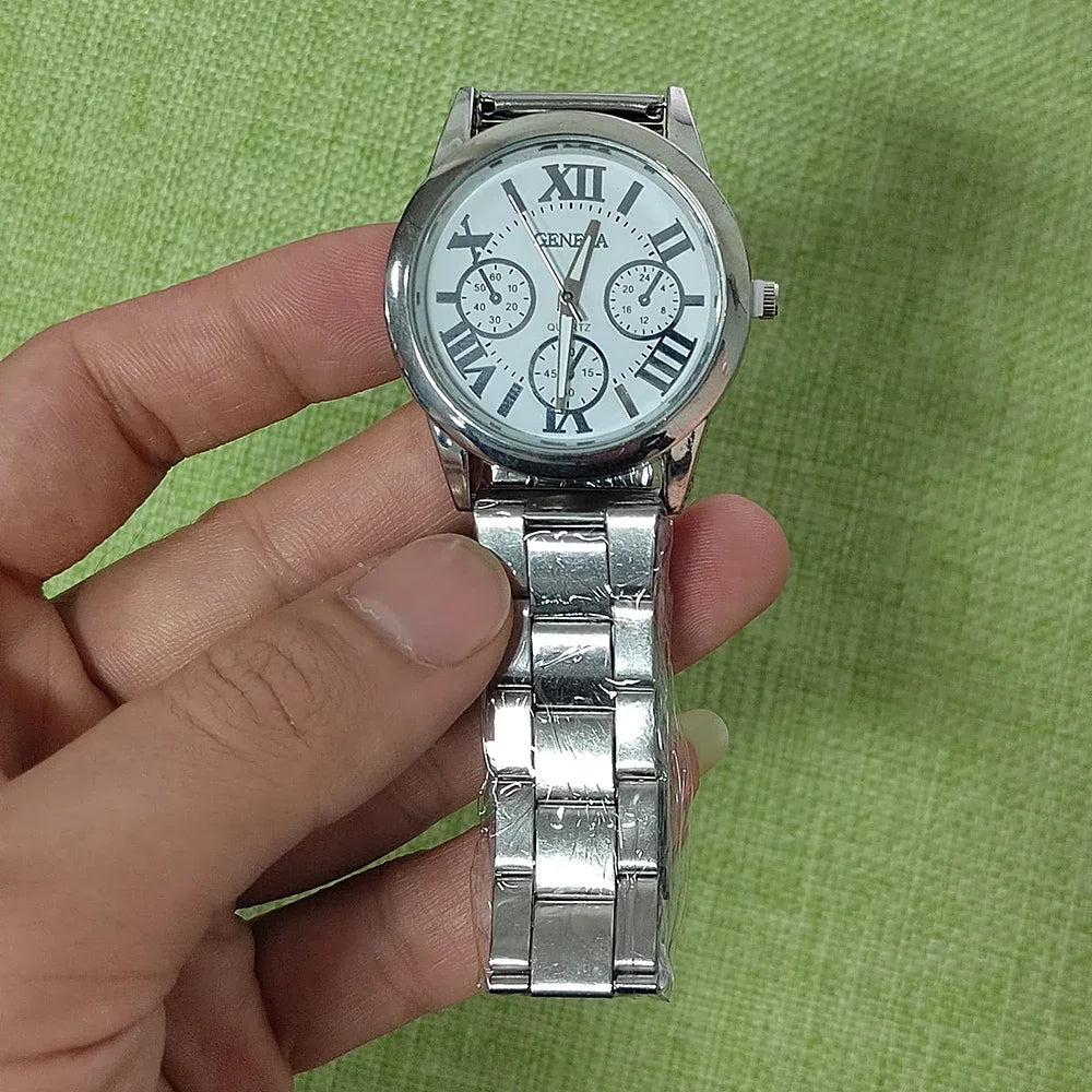 Men’s Light Luxury Watch – Gold Stainless Steel Wristwatch with 3-Eye Dial