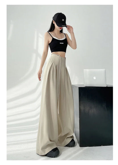 Women’s Streetwear Wide Leg Pants Bottom – Korean High Waist Lace-Up Suit Trousers, Elegant Black Summer Fashion